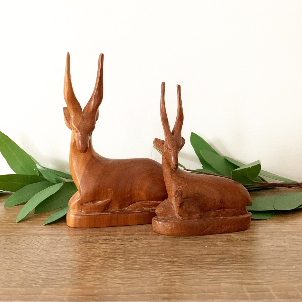 Vintage Wood Carved African Antelope Family Set